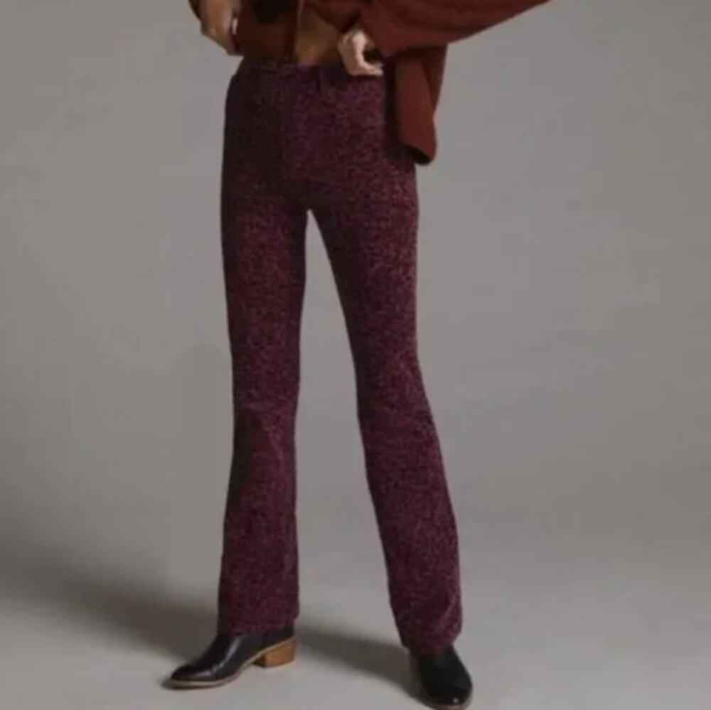 ANTHROPOLOGIE Pilcro Icon Flare Corduroy Leopard Pant Purple Black Sz 29 {LL19}